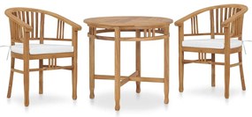 vidaXL 3 pcs conjunto jantar jardim c/ almofadões madeira teca maciça