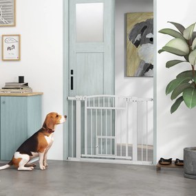 Barreira de segurança para cães com sistema de duplo bloqueio, montagem por pressão ou perfuração, largura 76-104 cm, branca