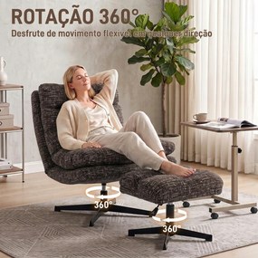 Poltrona Giratória em Chenille com Apoio para os Pés Ajustável Acolchoamento Espesso Cinza