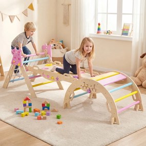 Triângulo para crianças Unicórnio Ginásio de Interior com Arco, Rampa e Escada Dobrável em Madeira Montessori para Quarto de Crianças e Creche - Rosa