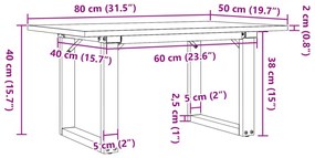 Mesa de centro estrutura em O 80x50x40 cm pinho e aço