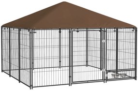 PawHut Parque para Cães com Toldo Canil para Exterior com Suporte Giratório para Comida 2 Tigelas 211x211x151 cm Preto Marrom