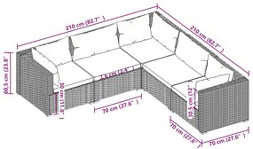 5 pcs conjunto lounge jardim c/ almofadões vime PE castanho