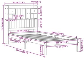 Cama com estante sem colchão 75x190cm pinho maciço castanho-mel