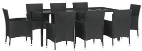9 pcs conjunto de jantar p/ jardim c/ almofadões vime PE preto