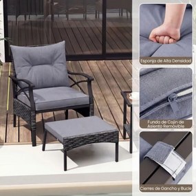Conjunto de móveis jardim de vime de 5 peças com pufes, almofadas e mesa auxiliar de vidro temperado de 2 níveis para jardim, varanda, preto e cinza e