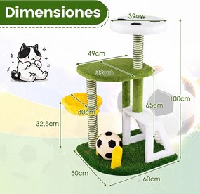 Árvore para Gatos com Design de Futebol, 60 x 50 x 100 cm, Duas Plataformas e Rede de Descanso, Multicolor