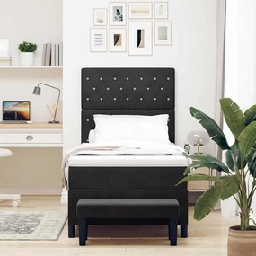 Cama Box Spring com Colchão e Banco Preto 100x200 cm Veludo