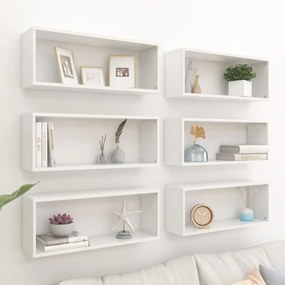 vidaXL Prateleiras parede cúbicas 6 pcs deriv. madeira branco brilh.