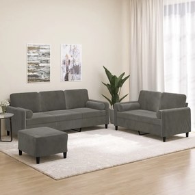 vidaXL 3pcs conjunto sofás c/ almofadas/almofadões veludo cinza-escuro