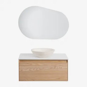 Conjunto De Móvel De Casa De Banho Suspenso 80x50 Cm Em Madeira De Freixo Tedrik Castanho Fresno & Cimento Redondo Branco Ø40 Cm Zavion & Oval - Sklum