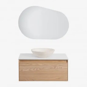 Conjunto De Móveis De Banheiro Em Madeira Tedrik Ash Castanho Fresno & Cimento Redondo Branco Ø40 Cm Zavion & Oval Led E Anti-embaciamento - Sklum