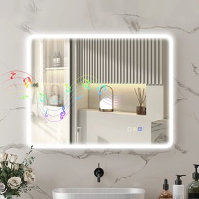 Espelho de casa de banho LED com Bluetooth, 70 x 90 cm, interruptor tátil, iluminação regulável, 3 cores, antiembaciamento, memória, prateado