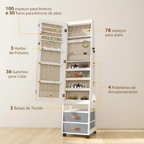 Espelho Armário de Jóias com Luzes LED Rodas Giratórias 360° Prateleiras Abertas Gavetas de Tecido Branco