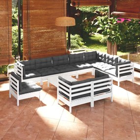11 pcs conj. lounge de jardim c/ almofadões pinho maciço branco