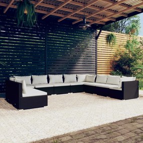 vidaXL 10 pcs conjunto lounge de jardim c/ almofadões vime PE preto