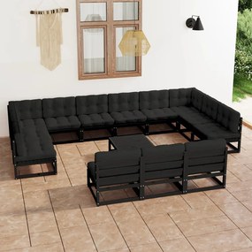 vidaXL 14 pcs conjunto longue jardim c/ almofadões pinho maciço preto