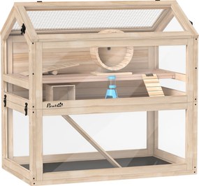 PawHut Gaiola para hamster em madeira 3 andares 76 x 45,5 x 77 cm gaiola para roedores gaiola para pequenos animais com bandeja removível placa de acrílico roda de exercício | Aosom Portugal