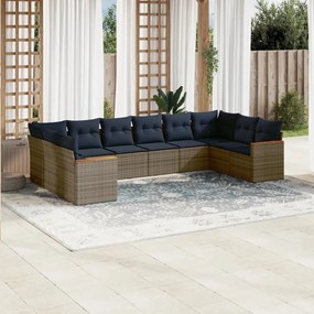 vidaXL 10 pcs conjunto sofás p/ jardim c/ almofadões vime PE cinzento