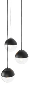 Candeeiro suspenso retro preto com vidro transparente redondo 3 luzes - Eclipse Retro