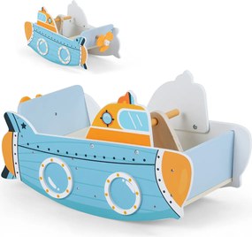 Barco baloiço de madeira de Madeira para crianças com mais de 1 ano 70 x 33,5 x 37 cm, com tema submarino, hélice giratória, Azul+Amarelo