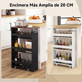 Carrinho de Arrumação Estreito para Cozinha, 47,5 x 20 x 80,5 cm, 4 Prateleiras, Castanho+Preto
