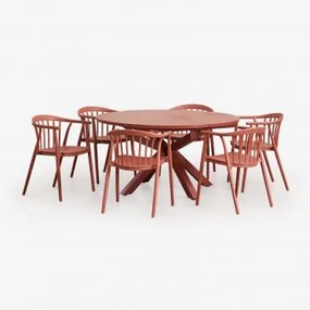 Conjunto De Mesa Extensível Em Alumínio Barces 145-200x145 Cm E 6 Cadeiras De Jantar Empilháveis Com Apoios De Braços Ivor Terracota - Sklum