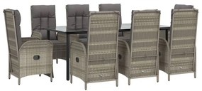9 pcs conjunto jantar jardim c/ almofadões vime PE preto/cinza