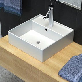 Lavatório cerâmica quadrado luxuoso, furo descarga e torneira 41x41cm