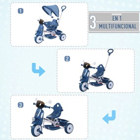 HOMCOM Triciclo evolutivo infantil Carrinho de criança Com função de luz e música Barra de segurança e toldo retrátil Assento giratório 360 ° 93x51x94 cm Azul