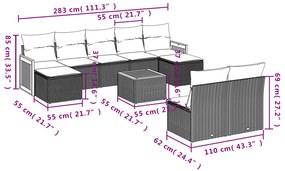 10 pcs conjunto sofás de jardim c/ almofadões vime PE cinzento