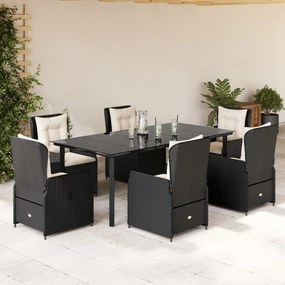 7 pcs conjunto de jantar p/ jardim c/ almofadões vime PE preto