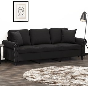 Sofá 3 lugares c/ almofadas decorativas 180 cm veludo preto