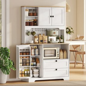Armário de Cozinha com 3 Portas 2 Gavetas 3 Prateleiras na Porta 8 Ganchos Bancada Ampla 100x40x162 cm Branco