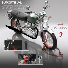 Suporte de Moto Dianteiro Universal de Aço para Roda de 10" 17" 18" Carga 200 kg com Garfos em U e L Ajustáveis 70x47x34,5 cm Vermelho