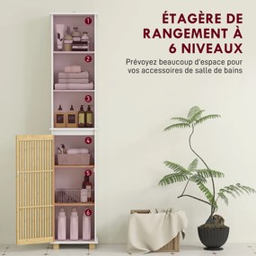 Armário de casa de banho, móvel de arrumação para casa de banho com porta de ripas de bambu e compartimentos abertos 35 x 26 x 173 cm branco