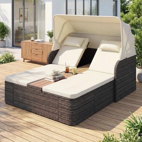 Cama de rattan jardim dupla com toldo retrátil 203 x 159 x 141 cm, encostos ajustáveis e mesa central com porta-copos para jardim, piscina e terraço c