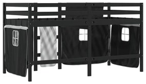 Cama alta criança c/ cortina 90x200cm pinho maciço branco/preto