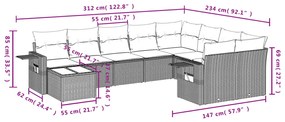10 pcs conjunto sofás de jardim c/ almofadões vime PE cinzento