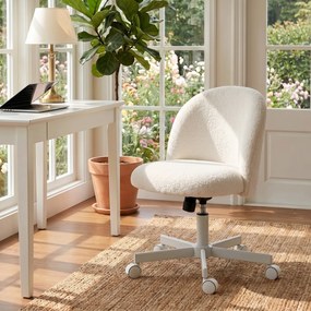 Cadeira de escritório ergonómica, reclinável em tecido bouclé sem braços, altura ajustável, creme