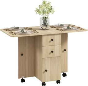 Mesa de Jantar Dobrável com Rodas (CADEIRAS NÃO INCLUIDAS) Mesa Abatível com 2 Gavetas e Armário Mesa Auxiliar Multifuncional 120x60x76,5 cm Madeira