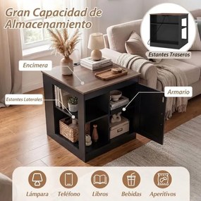 Mesa apoio, mesa cabeçeira Rústica 60 x 60 x 61 cm com Estação de Carregamento, com Porta Deslizante para Quarto e Sala Preto + Natural