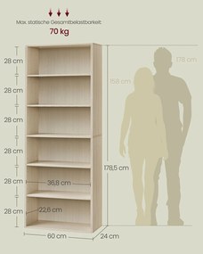Estante de 6 prateleiras 24 x 60 x 178,5 cm bege natural
