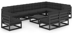 11 pcs conjunto longue jardim c/ almofadões pinho maciço preto