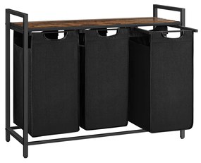 Cesto roupa, 3 sacos removíveis (38 L cada) + prateleira, castanho rústico/preto
