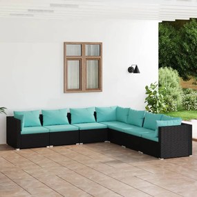 vidaXL 7 pcs conjunto lounge de jardim c/ almofadões vime PE preto