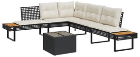 2 pcs conj. sofás p/ jardim c/ almofadões vime PE e vidro preto
