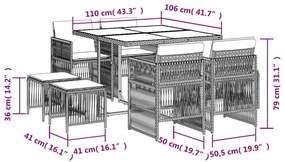 9 pcs conjunto de jantar p/ jardim com almofadões vime PE bege