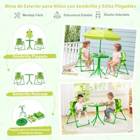 Conjunto de piquenique para Crianças 3-6 anos Mesa de atividades ao ar livre com 2 cadeiras dobráveis e guarda-sol ajustável em altura Verde claro