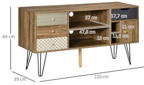 HOMCOM Móvel de TV com Prateleira de Armazenamento 4 Gavetas e Pés de Metal Móvel de TV para Televisores de até 50 Polegadas para Escritório 120x39x64cm Marrom
